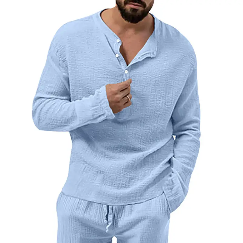 Men's Long Sleeve Button V-Neck T-Shirt Black — feature 27
