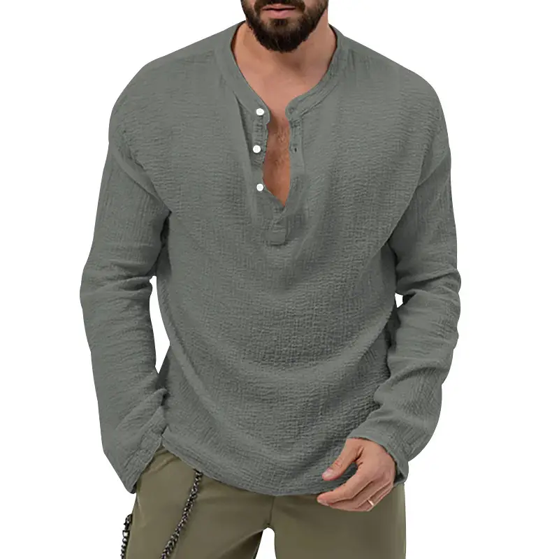 Men's Long Sleeve Button V-Neck T-Shirt Black — feature 28