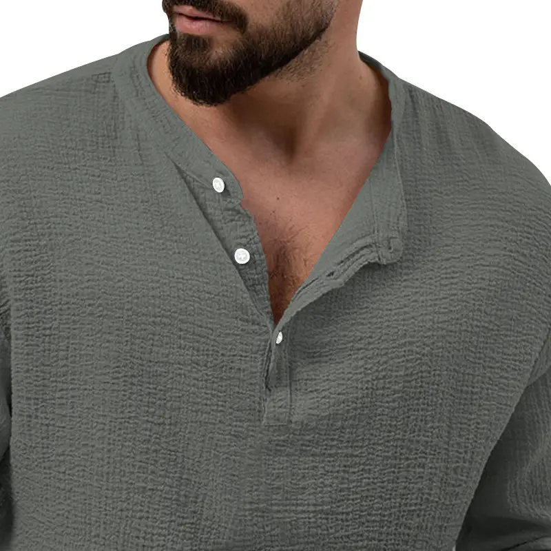 Men's Long Sleeve Button V-Neck T-Shirt Black — feature 29