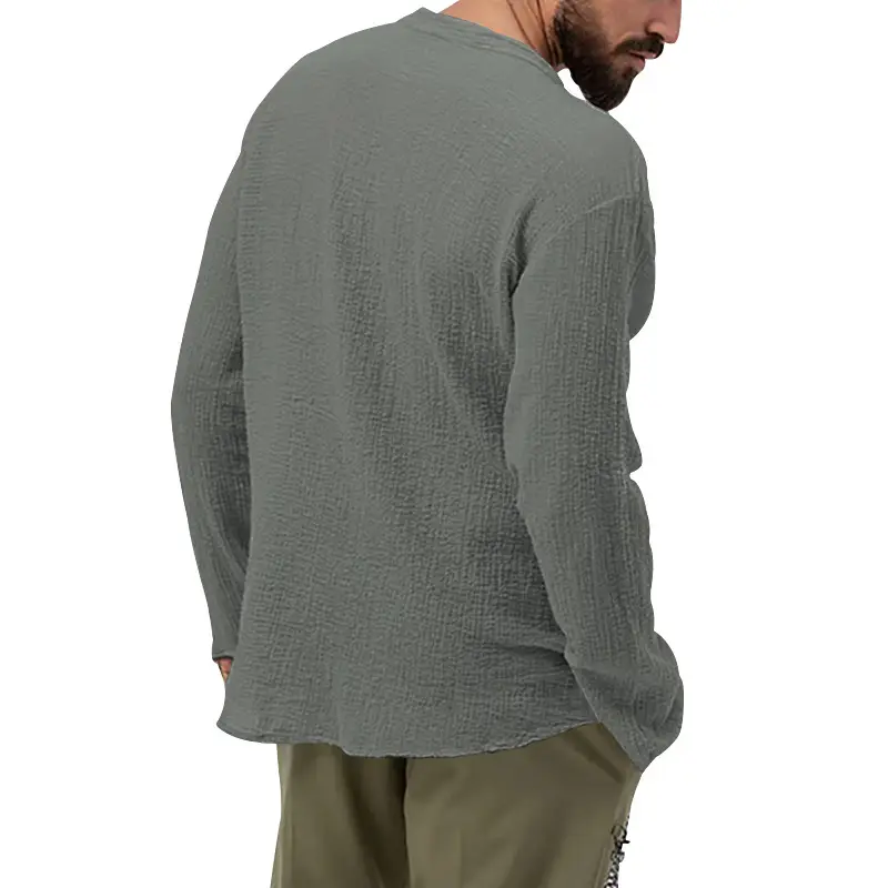 Men's Long Sleeve Button V-Neck T-Shirt Black — feature 30