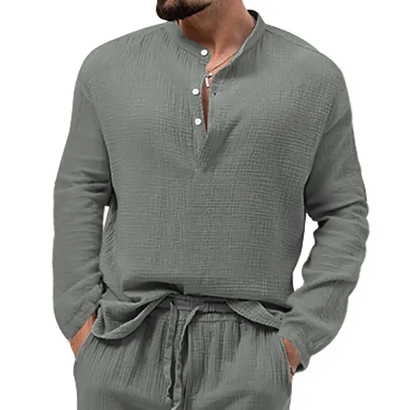 Men's Long Sleeve Button V-Neck T-Shirt Black — feature 31