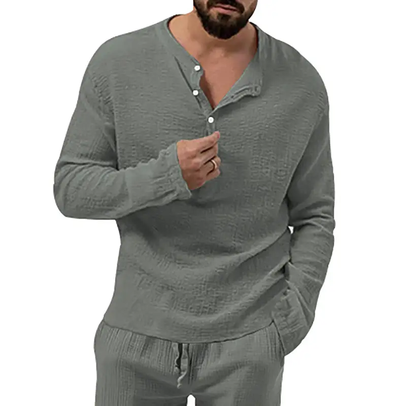 Men's Long Sleeve Button V-Neck T-Shirt Black — feature 32