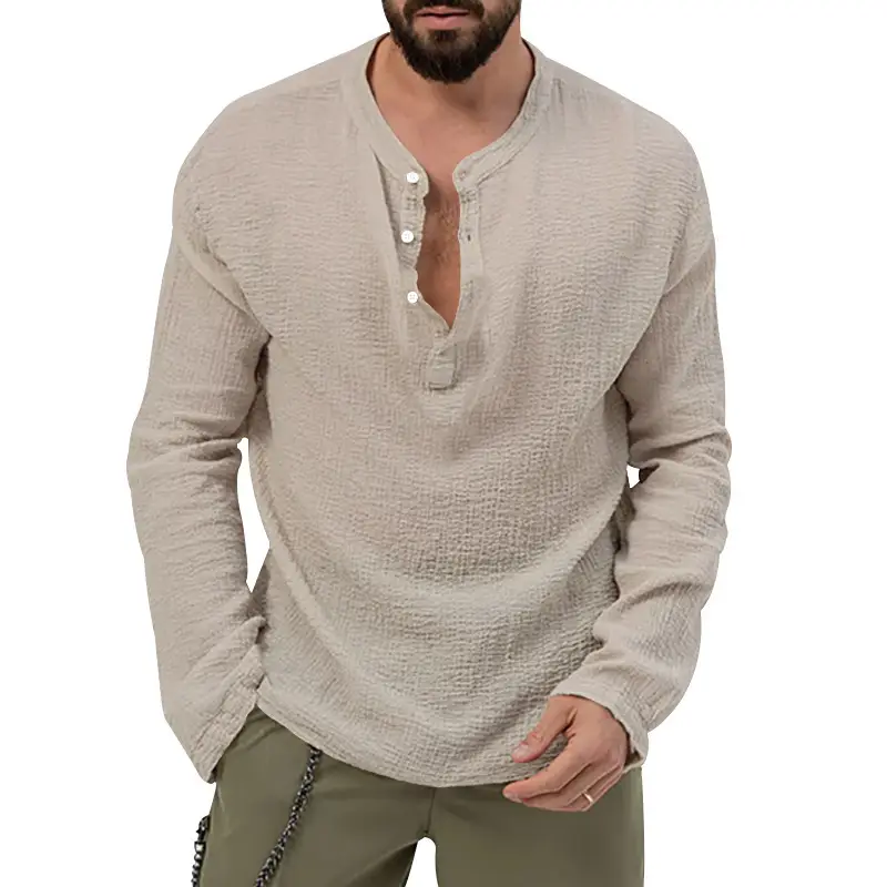 Men's Long Sleeve Button V-Neck T-Shirt Black — feature 33