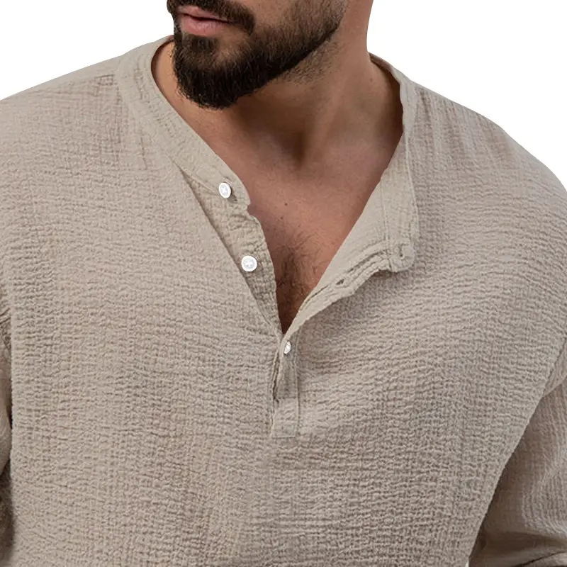 Men's Long Sleeve Button V-Neck T-Shirt Black — feature 34
