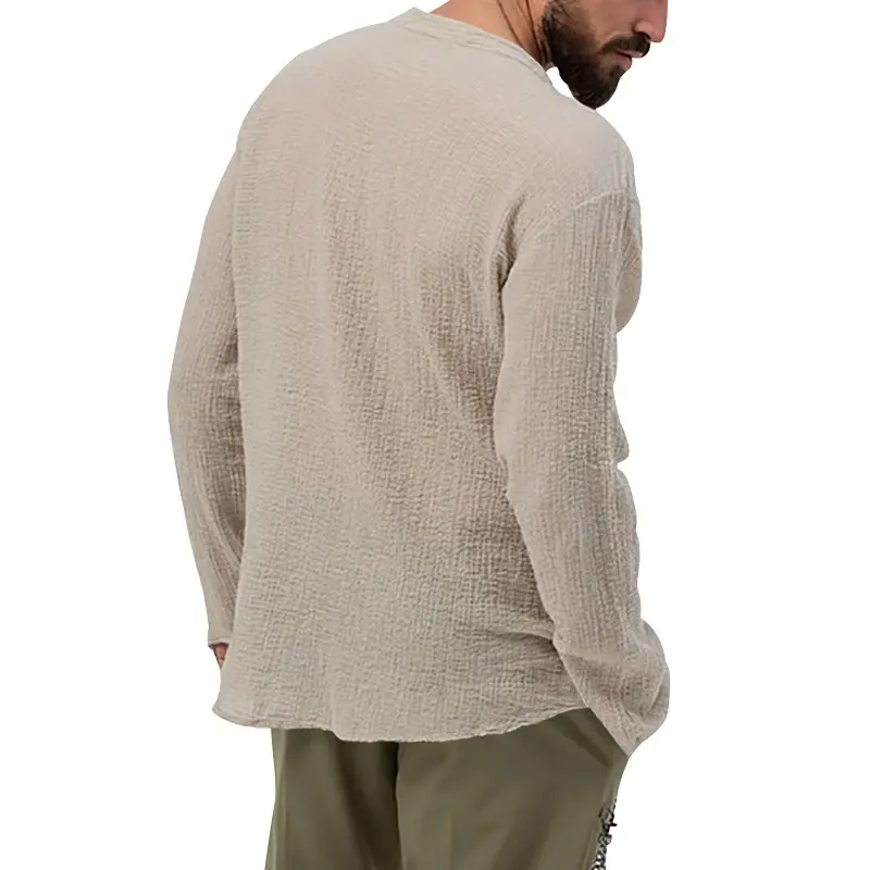 Men's Long Sleeve Button V-Neck T-Shirt Black — feature 35