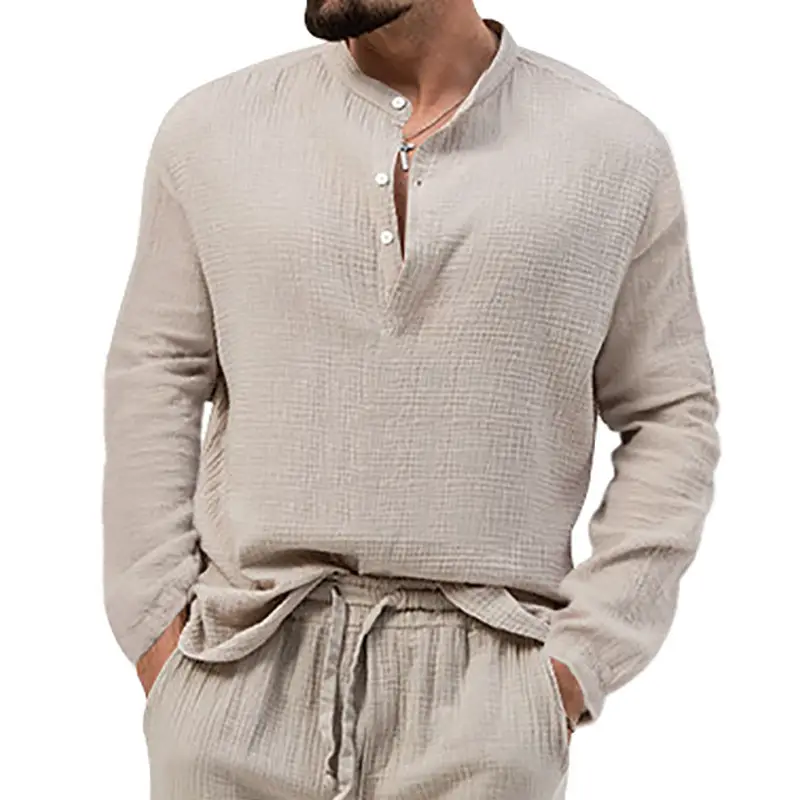 Men's Long Sleeve Button V-Neck T-Shirt Black — feature 36