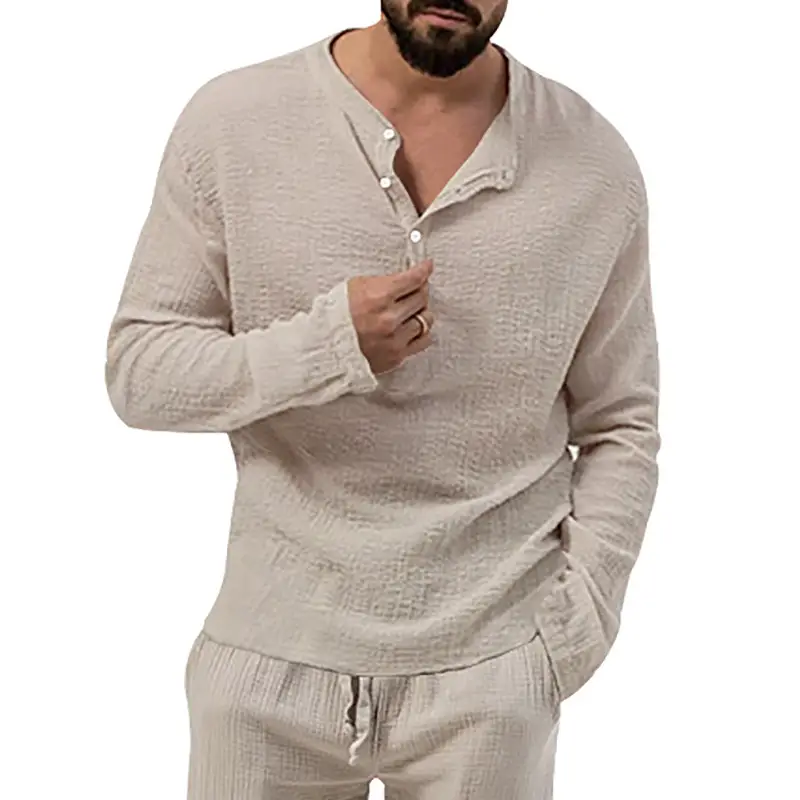 Men's Long Sleeve Button V-Neck T-Shirt Black — feature 37
