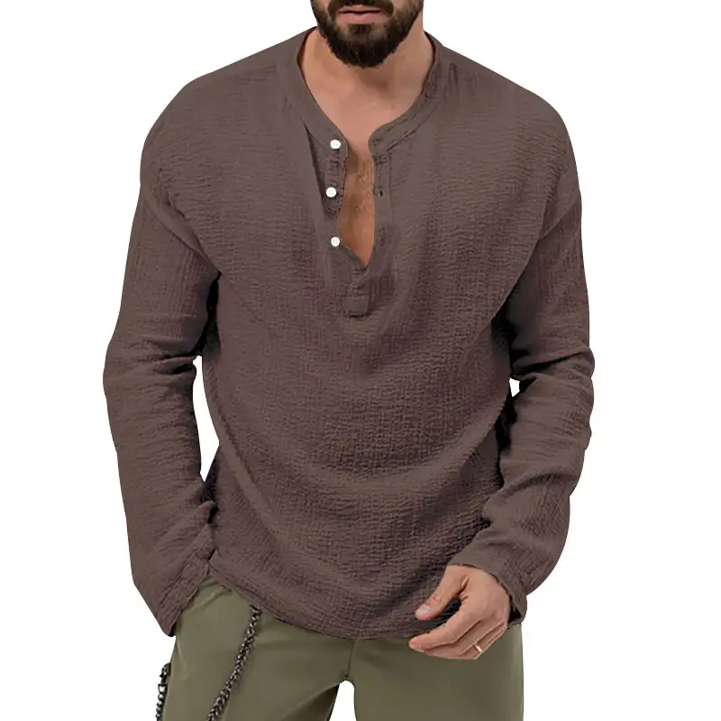 Men's Long Sleeve Button V-Neck T-Shirt Black — feature 38