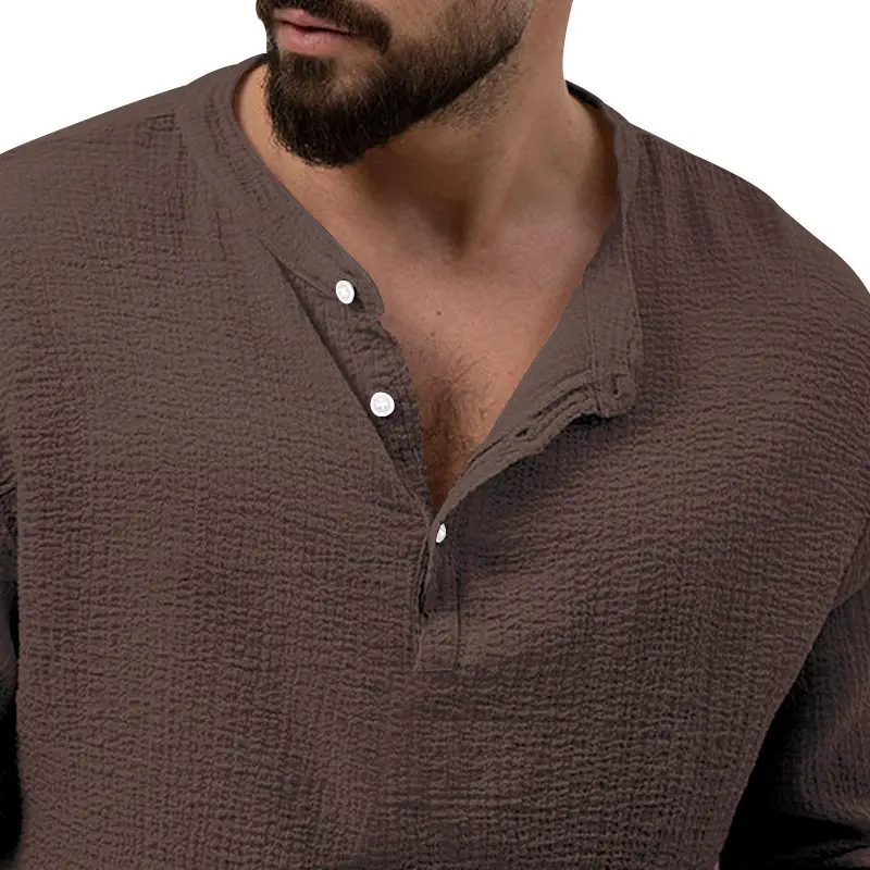 Men's Long Sleeve Button V-Neck T-Shirt Black — feature 39