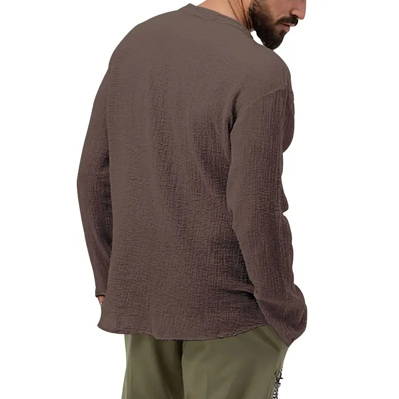 Men's Long Sleeve Button V-Neck T-Shirt Black — feature 40