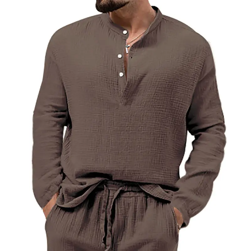 Men's Long Sleeve Button V-Neck T-Shirt Black — feature 41