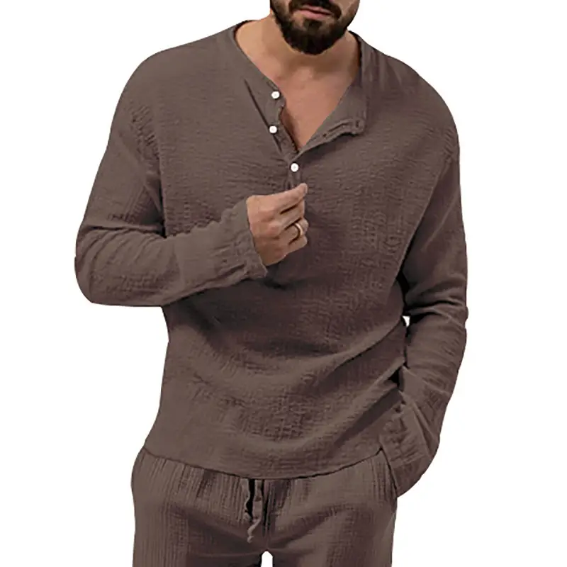 Men's Long Sleeve Button V-Neck T-Shirt Black — feature 42