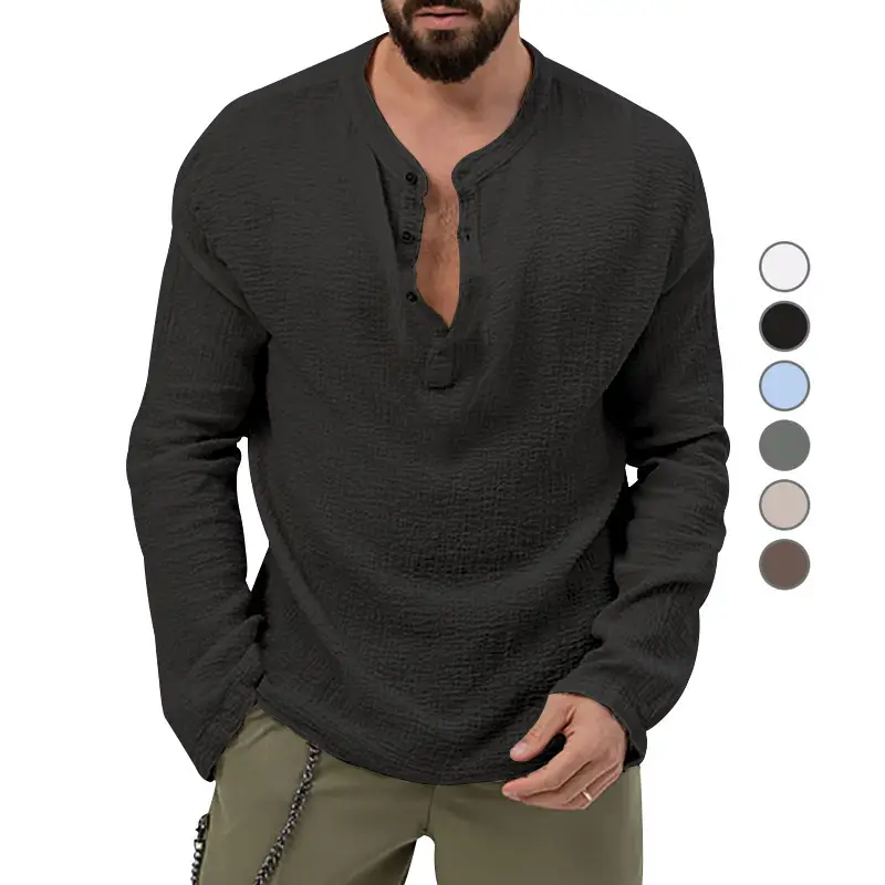 Men's Long Sleeve Button V-Neck T-Shirt Black — feature 6