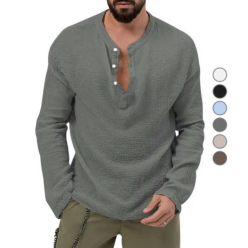 Men's Long Sleeve Button V-Neck T-Shirt Black — feature 8