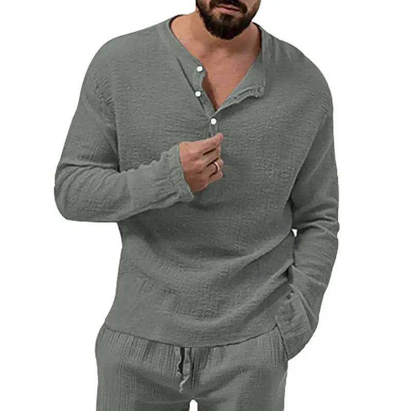 Men's Long Sleeve Button V-Neck T-Shirt Black - Image 3