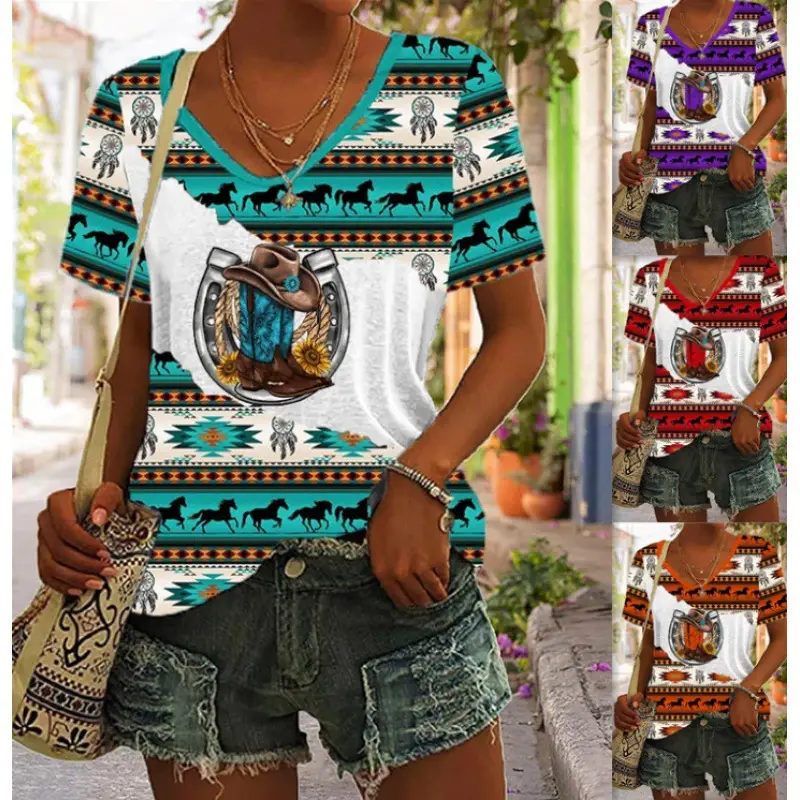 2023 foreign trade cross-border women's fashion loose U collar digital printing western style short sleeve blouse 5311A