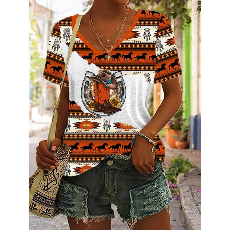 2023 foreign trade cross-border women's fashion loose U collar digital printing western style short sleeve blouse 5311A