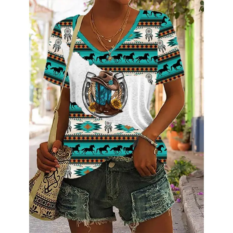 2023 foreign trade cross-border women's fashion loose U collar digital printing western style short sleeve blouse 5311A