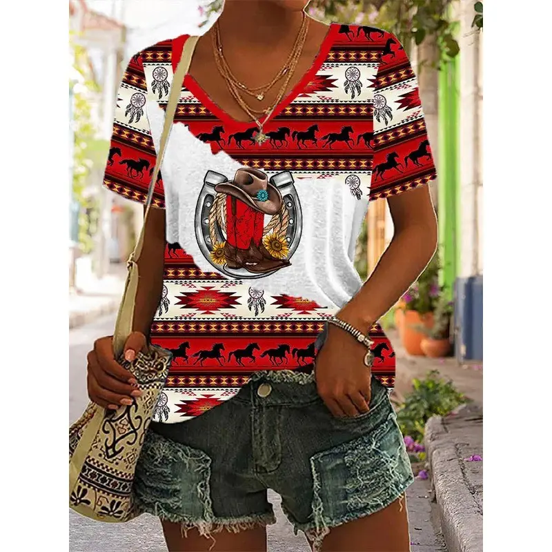2023 foreign trade cross-border women's fashion loose U collar digital printing western style short sleeve blouse 5311A