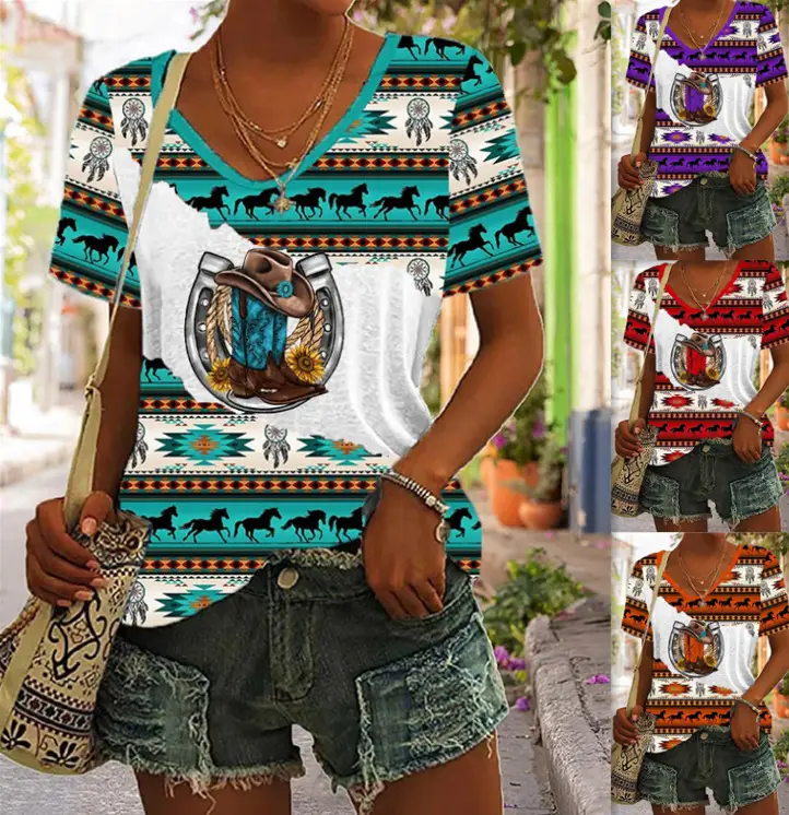 2023 foreign trade cross-border women's fashion loose U collar digital printing western style short sleeve blouse 5311A — feature 1