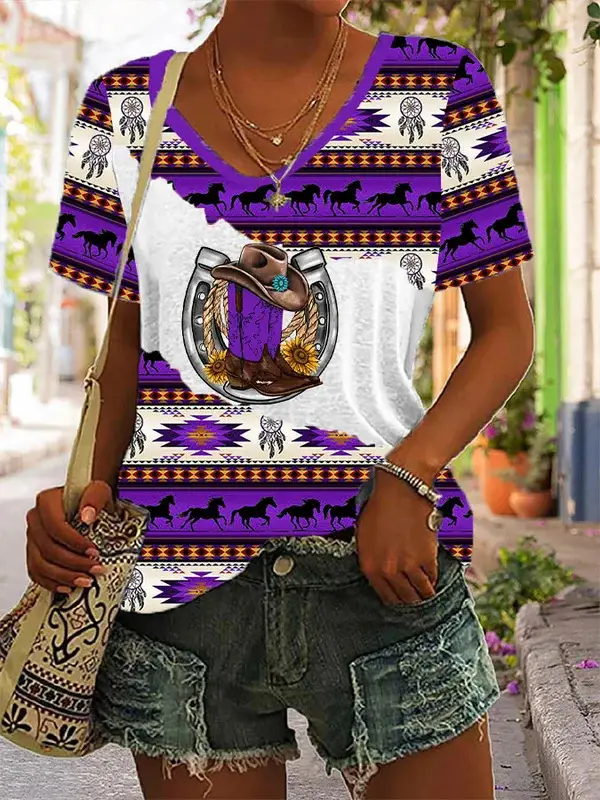 2023 foreign trade cross-border women's fashion loose U collar digital printing western style short sleeve blouse 5311A — feature 2