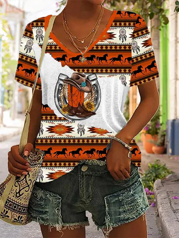 2023 foreign trade cross-border women's fashion loose U collar digital printing western style short sleeve blouse 5311A — feature 3