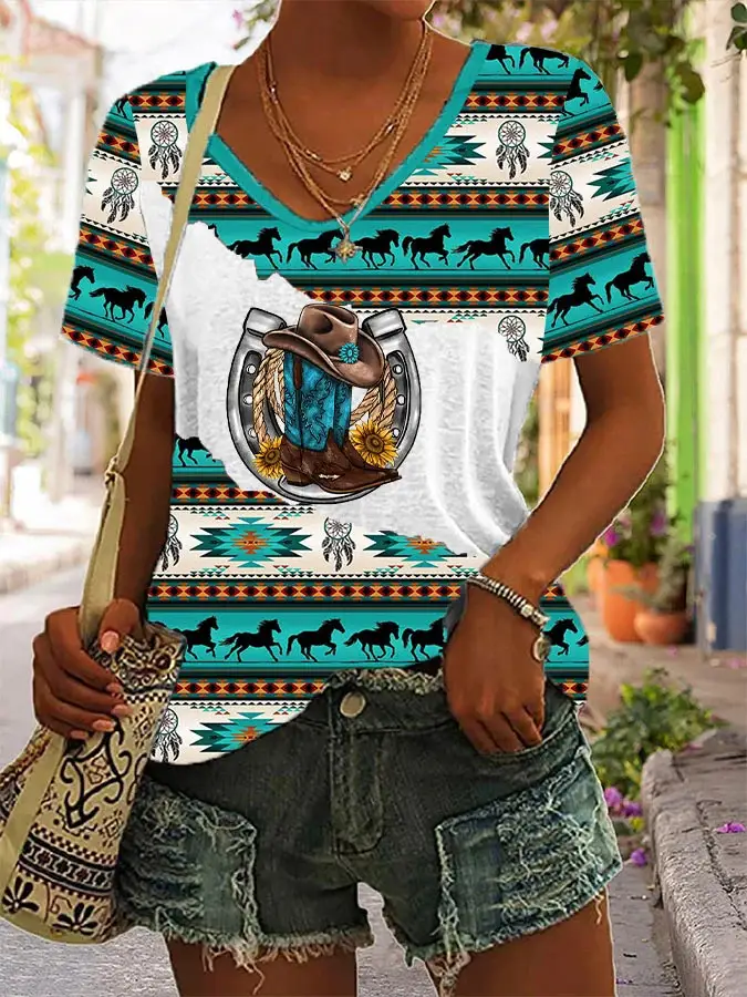 2023 foreign trade cross-border women's fashion loose U collar digital printing western style short sleeve blouse 5311A — feature 4