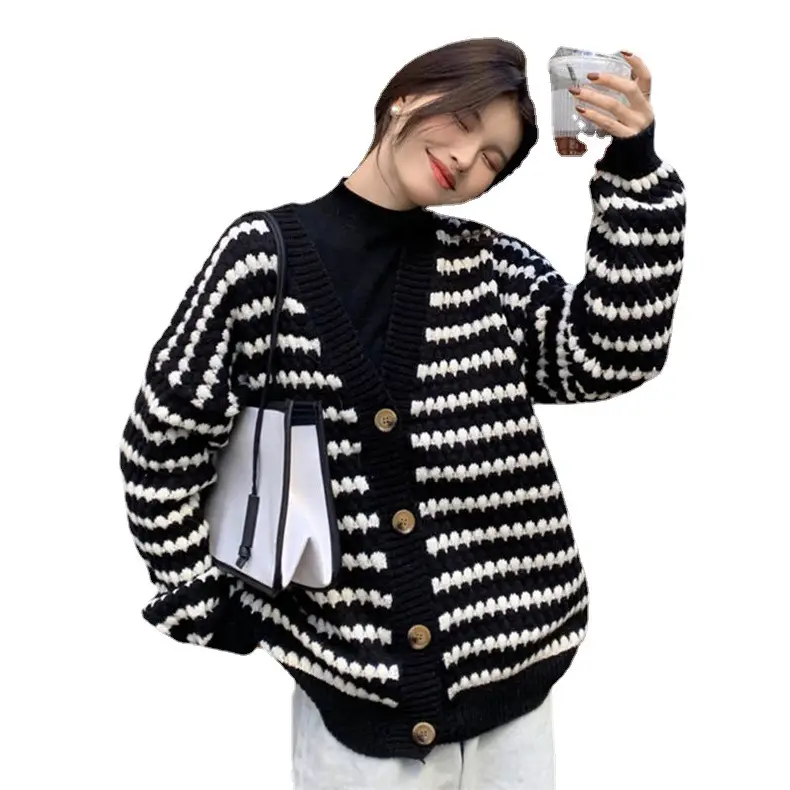 Women Knitted V-Neck Cardigan Black White Striped 2023 - Image 6