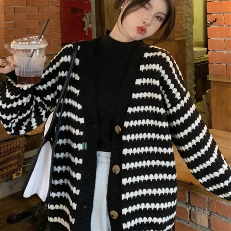 Women Knitted V-Neck Cardigan Black White Striped 2023 — feature 1