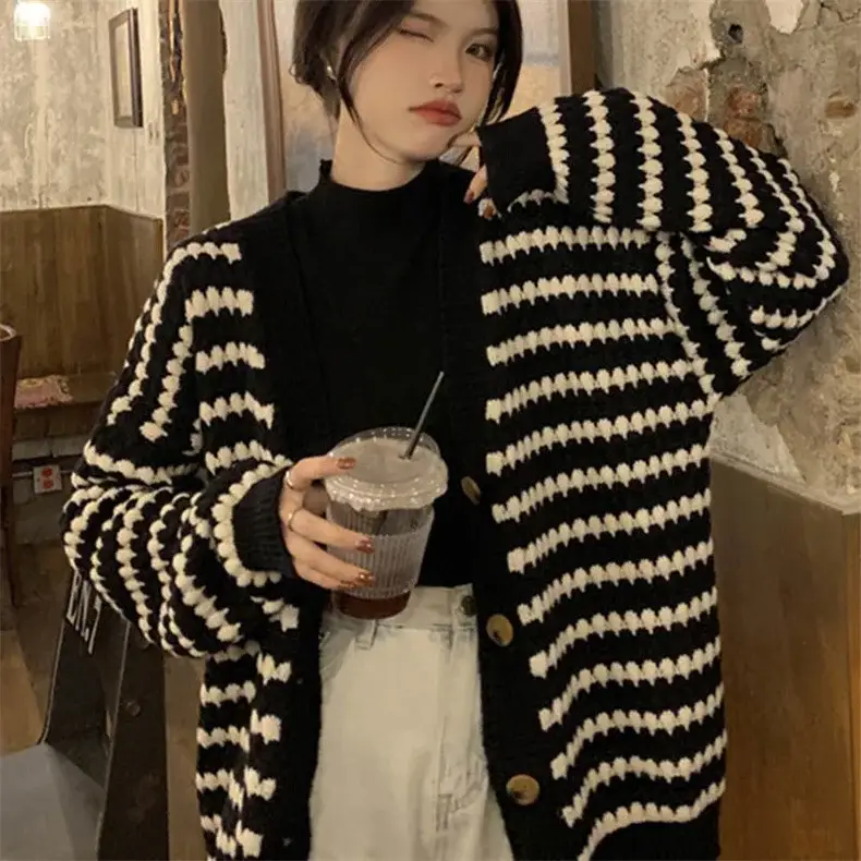 Women Knitted V-Neck Cardigan Black White Striped 2023 — feature 3