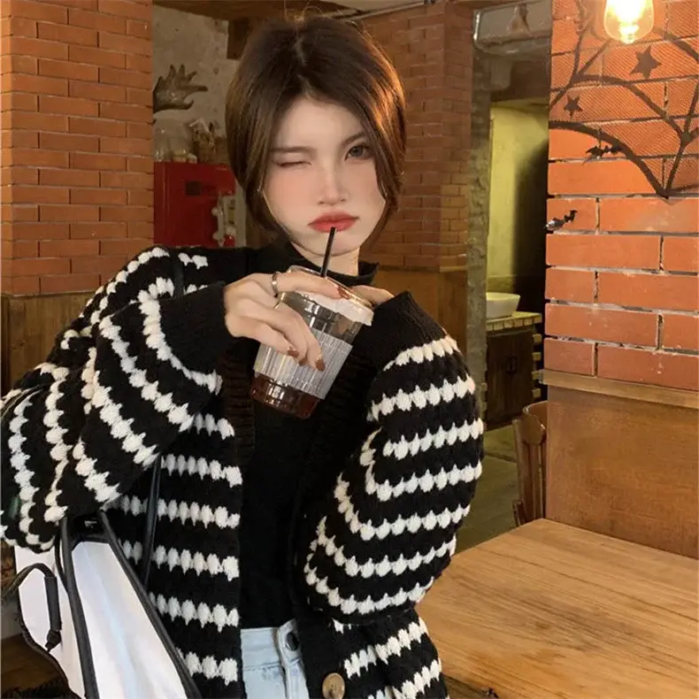 Women Knitted V-Neck Cardigan Black White Striped 2023 — feature 5
