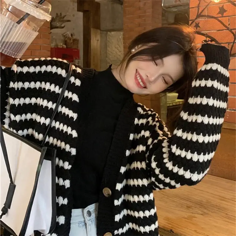 Women Knitted V-Neck Cardigan Black White Striped 2023 — feature 6