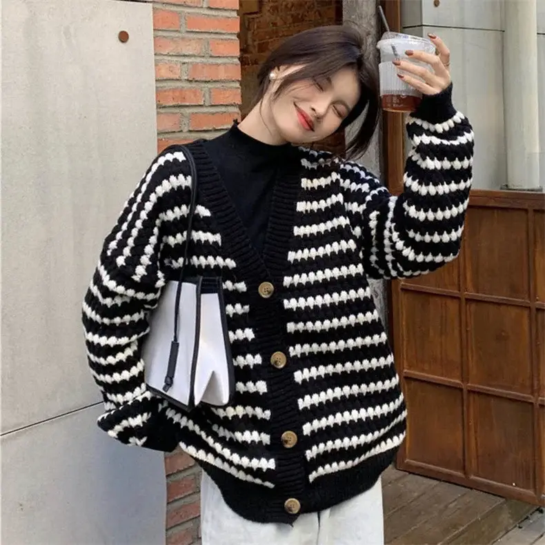 Women Knitted V-Neck Cardigan Black White Striped 2023 — feature 7