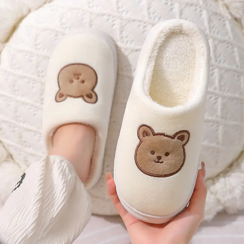 Women's Winter Home Cotton Slippers with Cute Cartoon Embroidery, Plush and Warm, Men's Home Furry Slippers, Men's Winter Wholesale