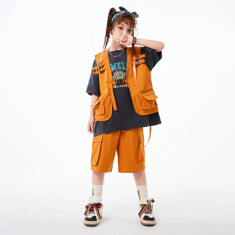 Boys Hip Hop T-Shirt Shorts Set Orange Black - Image 8