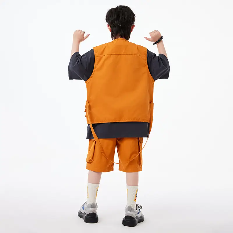 Boys Hip Hop T-Shirt Shorts Set Orange Black - Image 9
