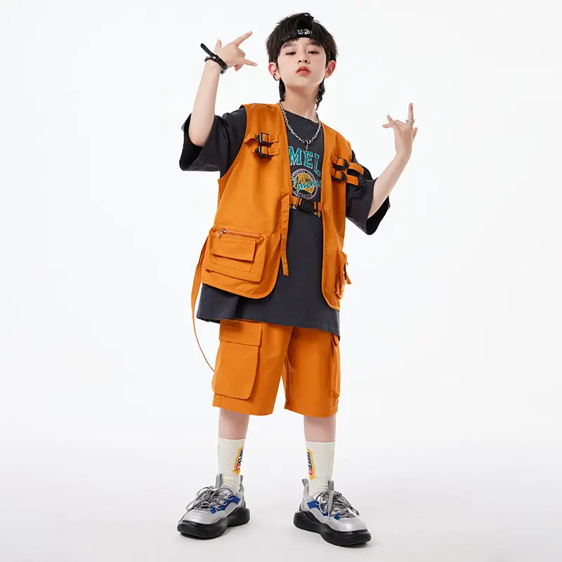 Boys Hip Hop T-Shirt Shorts Set Orange Black - Image 10