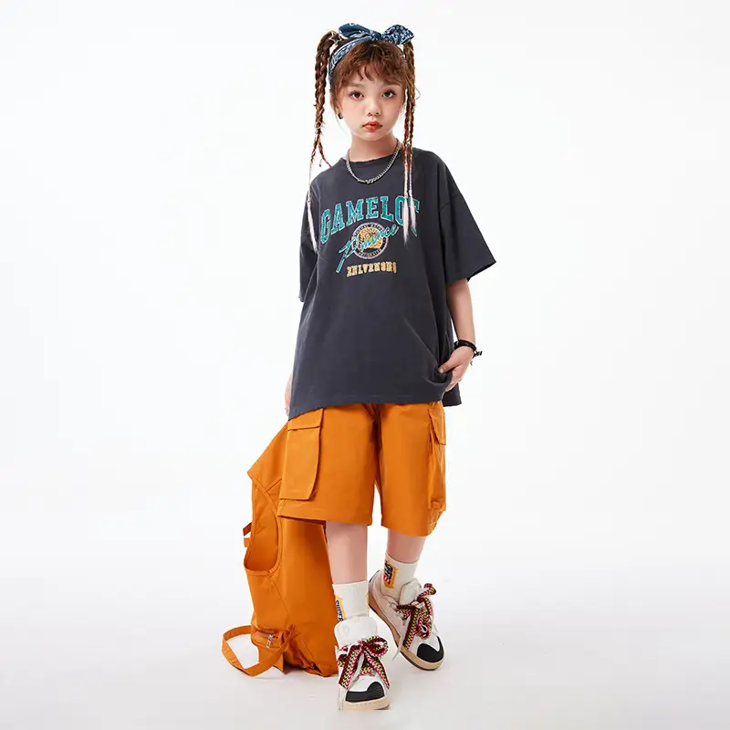 Boys Hip Hop T-Shirt Shorts Set Orange Black - Image 11