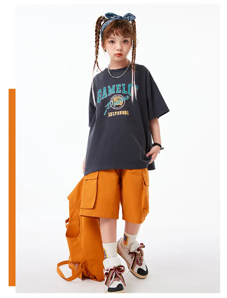Boys Hip Hop T-Shirt Shorts Set Orange Black — feature 10