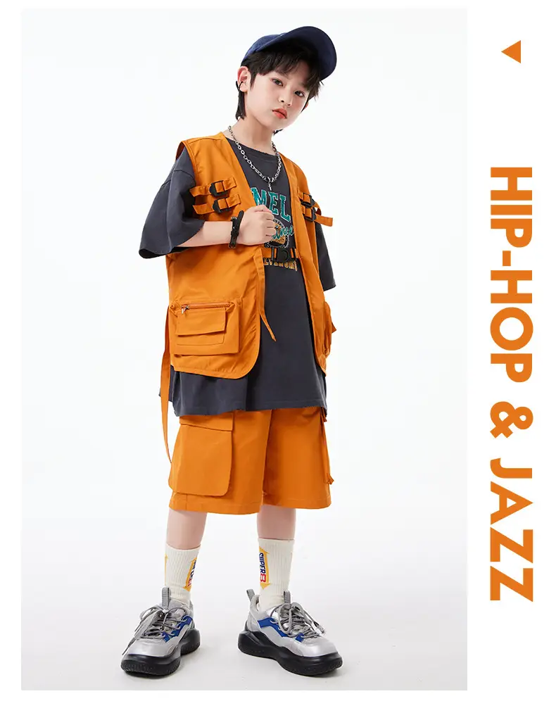 Boys Hip Hop T-Shirt Shorts Set Orange Black — feature 11