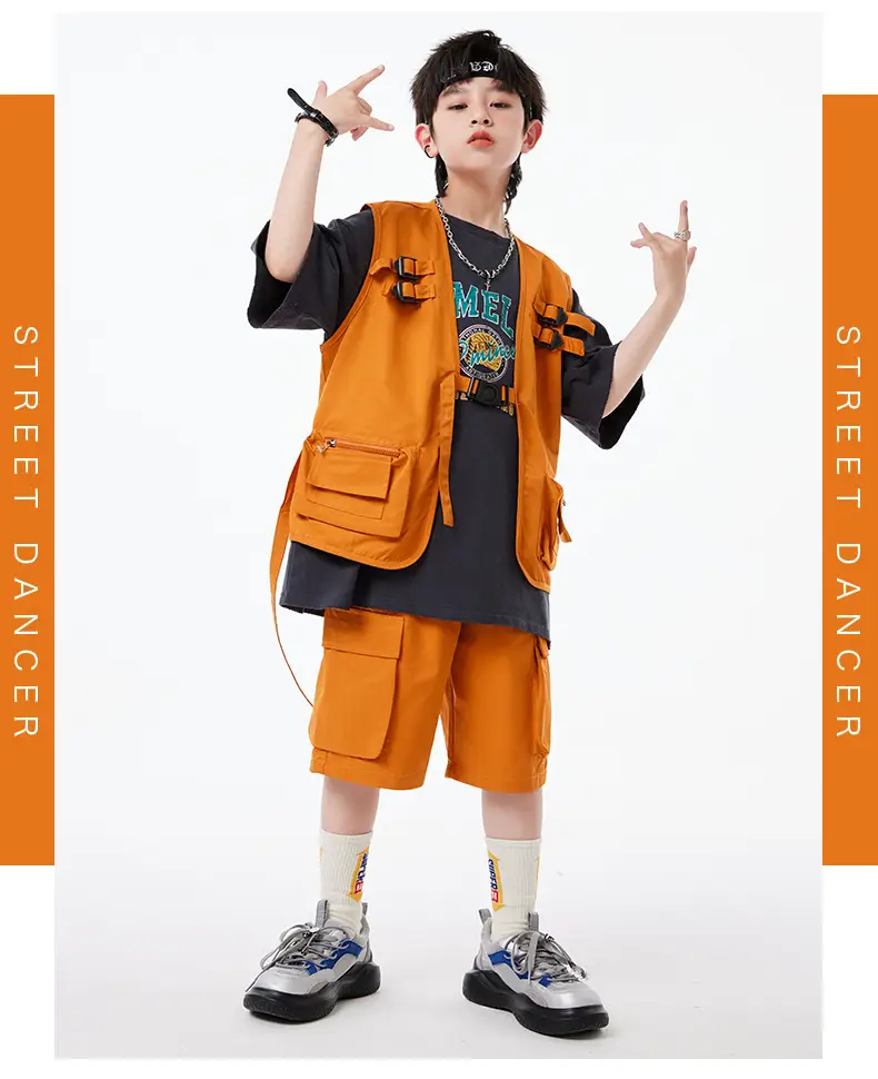 Boys Hip Hop T-Shirt Shorts Set Orange Black — feature 12