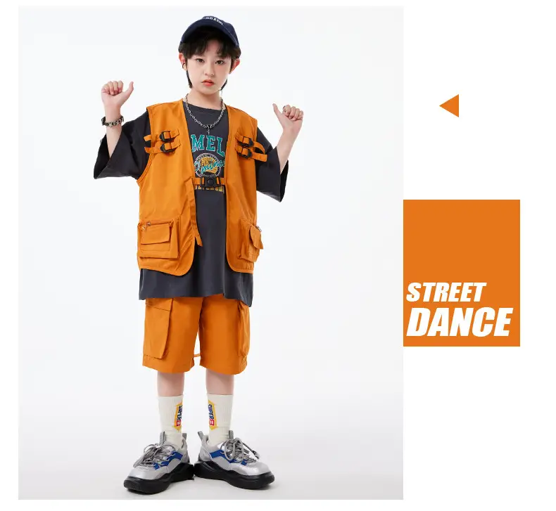 Boys Hip Hop T-Shirt Shorts Set Orange Black — feature 13