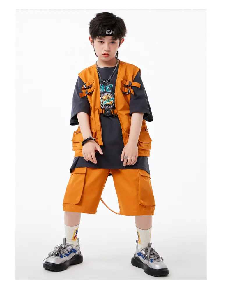 Boys Hip Hop T-Shirt Shorts Set Orange Black — feature 14