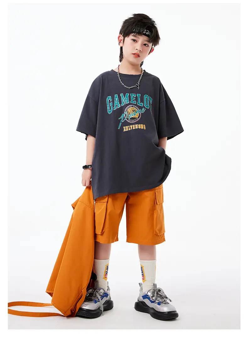 Boys Hip Hop T-Shirt Shorts Set Orange Black — feature 15
