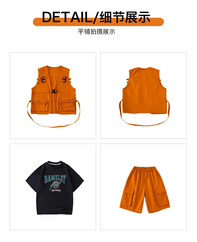 Boys Hip Hop T-Shirt Shorts Set Orange Black — feature 16