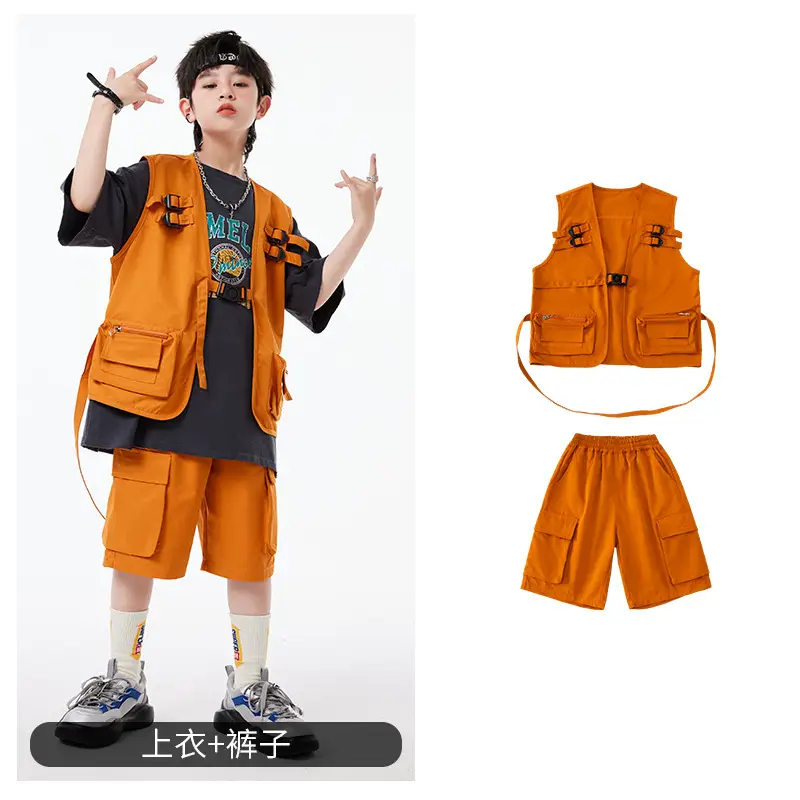 Boys Hip Hop T-Shirt Shorts Set Orange Black - Image 2