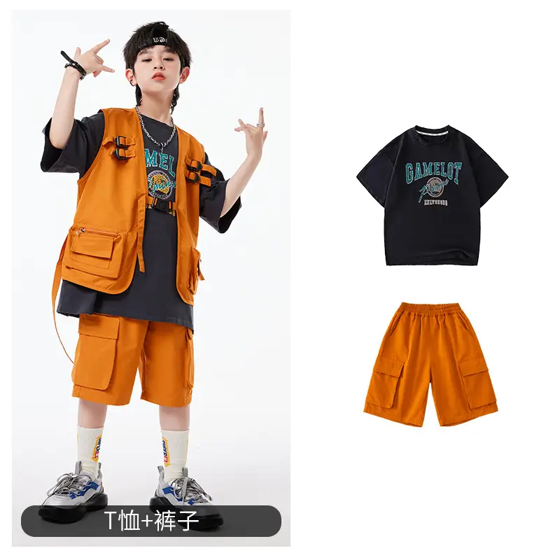 Boys Hip Hop T-Shirt Shorts Set Orange Black - Image 3
