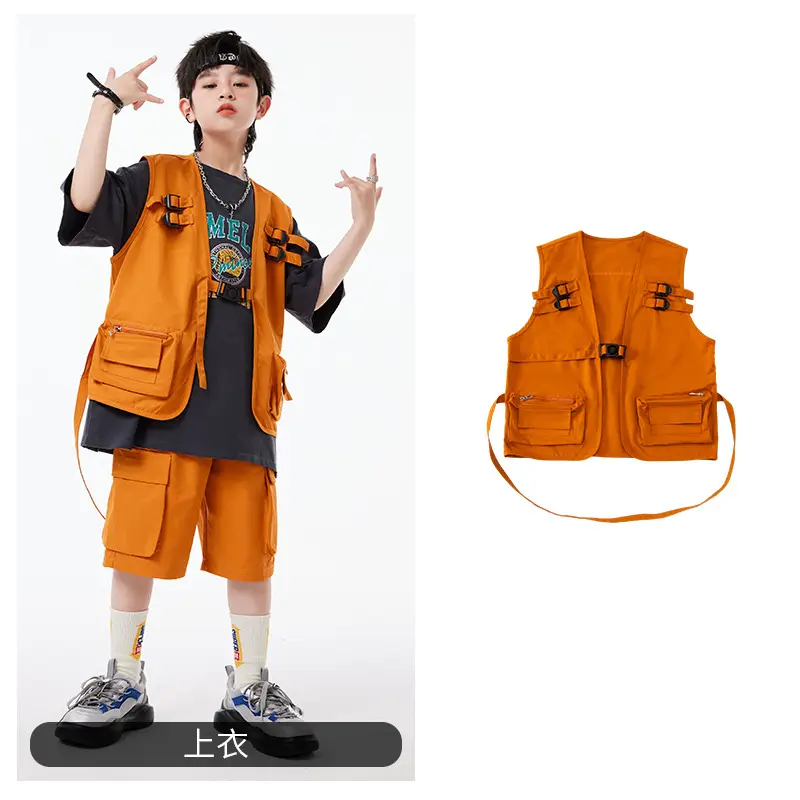 Boys Hip Hop T-Shirt Shorts Set Orange Black - Image 4