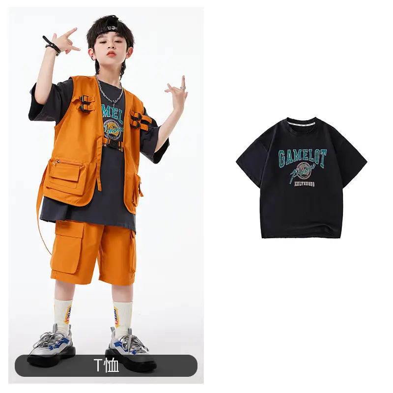 Boys Hip Hop T-Shirt Shorts Set Orange Black - Image 5