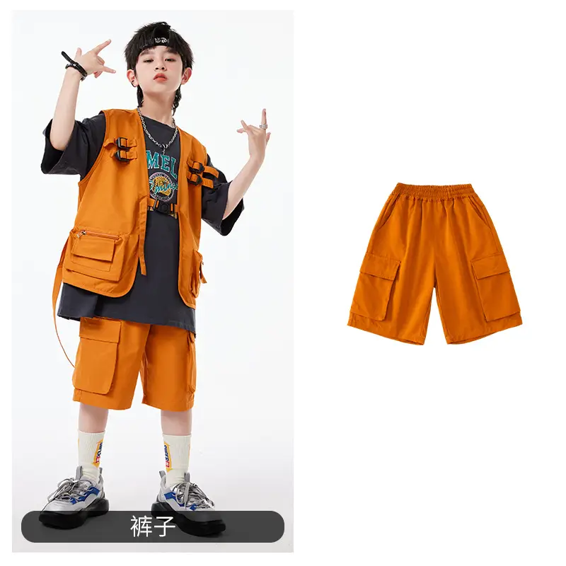 Boys Hip Hop T-Shirt Shorts Set Orange Black - Image 6